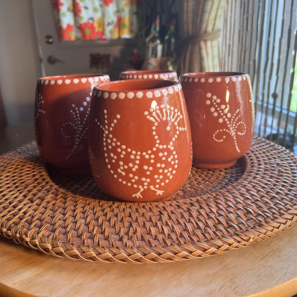 Vintage Portuguese Handpainted Terracotta Clay Mugs Set of 4 Chicken Pottery
